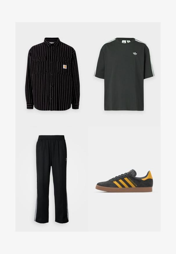 Melna garenām piedurknēm krekls ar baltām vertikālām joslām, ar platām apkaklēm, diviem krūšu kabatām un mazu logotipa uzšuvumu.; Melna kokvilnas T-krekls ar īsām piedurknēm, apaļu kakla izgriezumu un baltām trim svītrām uz pleciem. Uz krūtīm neliels balts logo.; Melni sporta bikses ar elastīgu jostas vietu, kurām ir baltas sānu svītras un neliels logotips. Materiāls izskatās mīksts un viegls.; Melnas zamšādas kedas ar dzelteniem akcentiem, kurām ir trīs svītras un brūna gumijas zole. Iekļauta mīksta valkāšanas tongue komfortam.