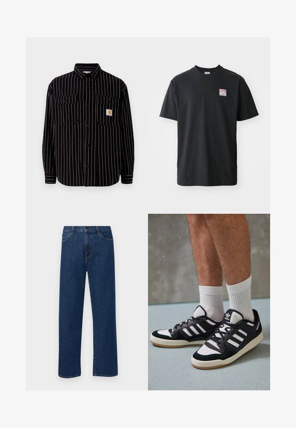 Zwarte blouse met lange mouwen en witte verticale strepen, met een spreidkraag, twee borstzakken en een klein logo-label.; Zwarte katoenen t-shirt met ronde hals, korte mouwen en een klein gekleurd label op de linkerkant van de borst met het woord "SUPERIOR."; Donkerblauwe rechte denim jeans met frontzakken en een knoopsluiting, weergegeven op een effen witte achtergrond.; Zwart-witte sneakers met een bovenwerk van suede en leer, voorzien van drie witte strepen, een geperforeerde neus en een rubberen gumzool.