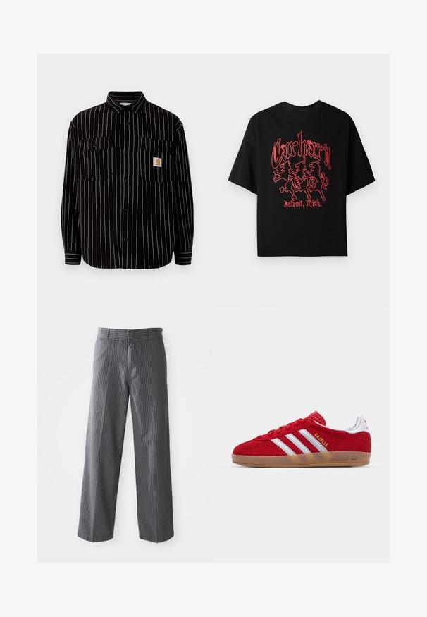Fekete, hosszú ujjú ing fehér függőleges csíkokkal, széles gallérral, két mellzsebbel és egy kis logóval.; Fekete, rövid ujjú pamut póló, merész piros grafikával, amely három oroszlánt ábrázol, és a "Carhartt, Detroit, Mich." szöveget tartalmazza.; Szürke csíkos, bő szárú nadrág övhurkokkal, lapos elülső résszel és egyenes szegéllyel, fehér háttér előtt bemutatva.; Piros velúr sneaker fehér háromcsíkos dizájnnal és arany "Gazelle" felirattal. Gumi talppal és texturált sarokkal rendelkezik.