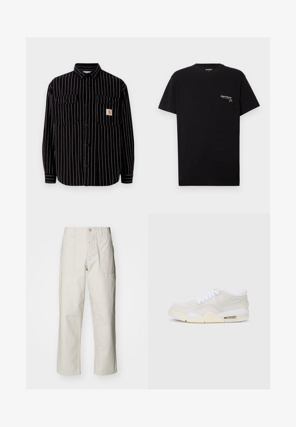 Musta pitkähihainen paita, jossa on valkoisia pystysuoria raitoja, levitetty kaulus, kaksi rintataskua ja pieni logopatchi.; Mustaa puuvillapaitaa lyhythihaisilla, pyöreällä kaula-aukolla ja pienellä valkoisella logolla vasemmassa rinta-alueessa.; Harmaat vaaleat leveät housut, jotka on valmistettu puuvillasta. Varustettu etutaskuilla ja nappikiinnityksellä. Sujuva rakenne, jossa on hienovaraisia pystysuoria viivoja.; Tennarit, joissa on vaaleanbeige synteettinen päällinen, valkoiset nauhat ja näkyvä vaimennus. Ominaisuuksiin kuuluu sileä pohja ja huomaamattomat sivukiinnikkeet.