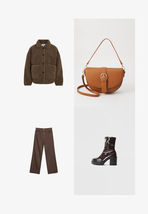 VILA - Kurtka z polaru; Beżowy sweter z dzianiny z wysokim prążkowanym golfem, szerokimi rękawami oraz teksturalnym wzorem z pionowymi liniami. Prążkowany dół.; Szerokie brązowe dżinsy wykonane z denimu, z wysokim stanem, przednimi kieszeniami i klasycznym zapięciem na guzik. Gładka faktura z subtelnym przeszyciem.; Błyszczące bordowe botki za kostkę z masywną czarną obcasem, charakteryzujące się gładką teksturą i prostym wzornictwem. Brak widocznych zapięć lub wzorów.; Brązowa skórzana torba na ramię o zaokrąglonym kształcie, ze złotymi akcentami i zapięciem w formie klamry. Posiada odpinany pasek na ramię.