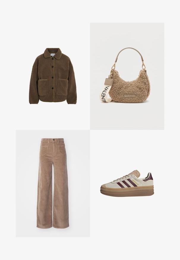 VILA GEKNÖPFTE TEDDY - Fleece jacket - fossil; Brown long-sleeve shirt made from smooth fabric. Features a round neckline and straight hem, with no visible patterns or accents.; ONLY HOPE GLOBAL HW EBBA POCKETS - Trousers - fossil; Beige suede sneakers with maroon stripes, white accents, a chunky translucent sole, and raised branding on the side. Laced design.; Brown textured handbag made of plush material, featuring a curved shape, a short handle, and a removable strap with "VALENTINO" printed.