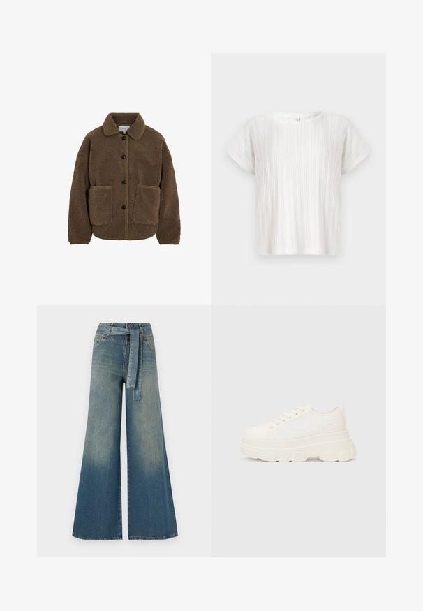 VILA GEKNÖPFTE TEDDY - Fleecejas - fossil; Witte top met korte mouwen, verticale ribbelstructuur en een ronde halslijn. Ontspannen pasvorm. Zachte, lichte stof. Geen zichtbare sluiting.; Wijduitlopende denim broek met een lichte naar donkere blauwe gradient, hoge taille, riemlussen en een bijpassende stoffen riem. Gestructureerde denimafwerking.; Witte canvas sneaker met een stevige zool, ronde neus en vijf gaatjes voor veters. Achterste tab voor gemakkelijk aan- en uittrekken. Vloeibare textuur, minimalistisch ontwerp.