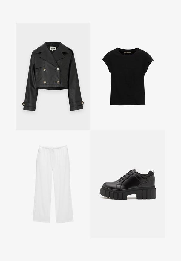 Črna skrajšana usnjena jakna z dvojno zapenjanje, metalnimi gumbi, velikimi ovratniki in zavihanimi rokavi. Gladka tekstura.; Črna kratka majica s kratkimi rokavi, narejena iz mehke tkanine, z okroglim izrezom in sproščenim krojem, z gladko teksturo in brez vzorcev.; Bele široke hlače iz mehkega blaga, opremljene z elastičnim pasom z vrvico in dvema stranskima žepoma. Preprost in čist dizajn.; Črne usnjene platforme z debelim blokastim petam, okroglo konico in klasičnim vezanjem. Imajo gladko teksturo in minimalne podrobnosti.