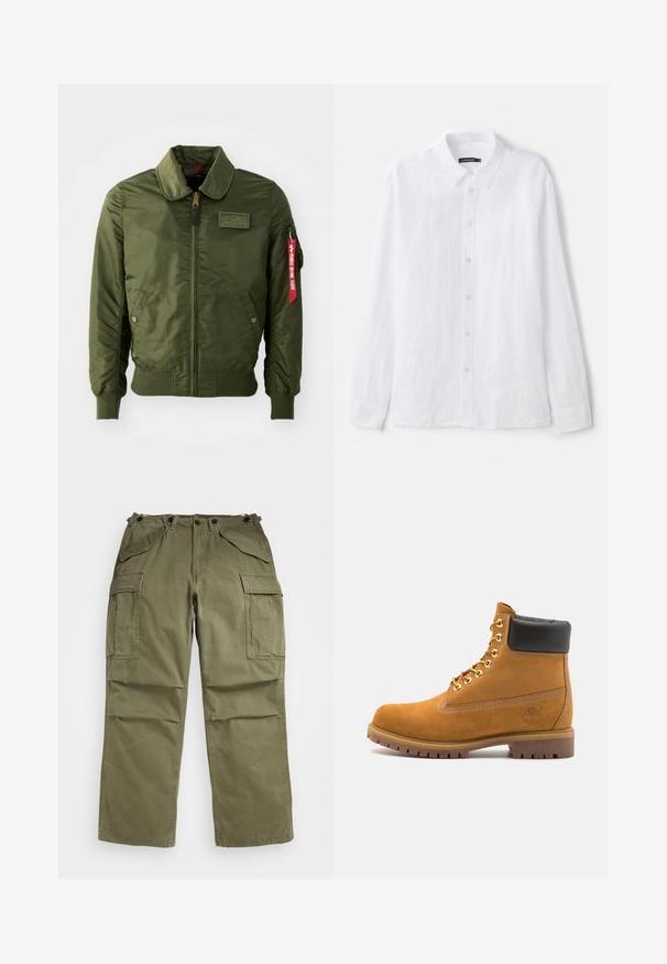Olivno zelena bomberska jakna z zadrgo, okroglim ovratnikom, rebrastimi manšetami, dvema stranskima žepoma in rdečo tkanino etiketo na rokavu.; Bela dolgo rokavna srajca z gumbi, izdelana iz teksturirane tkanine. Ima klasičen ovratnik in gumbasto sprednjo stran z majhnimi, okroglimi gumbi.; Olivno zeleni cargo hlače iz teksturirane tkanine, ki imajo več sprednjih in stranskih žepov ter ojačane šive.; Svetlo rjave anklne čizme iz semiša z črnim oblazinjenim ovratnikom, zlatimi kovinskimi očesci, belimi šivi in robustnim gumijastim podplatom s izrazitimi tredi.