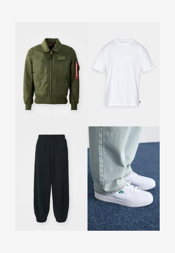 Olívazöld bomber dzseki cipzáras lezárással, kerek nyakkal, bordázott mandzsettákkal, két oldalzsebbel és piros szövet címkével az ujjon.; Fehér pamut póló, rövid ujjakkal és kerek nyakkivágással. Jellemzője egy kis, diszkrét Nike logó a mellkason és egy oldalsó címke.; Fekete, rugalmas derékpántos melegítőnadrág, laza fit, véget érő szárakkal, sima textúrával, látható minták vagy hardver díszek nélkül.; Fehér bőr sportcipők zöld Nike logóval, kerek orral, lapos talppal, világoskék farmernadrággal párosítva, kék szőnyegen bemutatva.