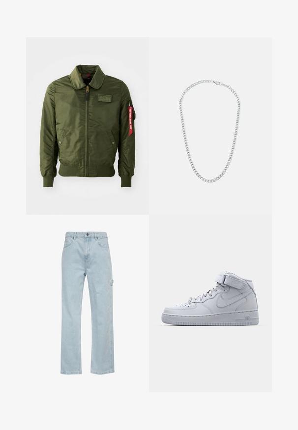 Oliiviroheline pommitajate jope lukuga, ümmarguse krae, soonikkätistega, kahe küljetaskuga ja punase kangast sildiga varrukal.; Mustmust värvi T-särk lühikeste varrukatega, ümar kaelus ning esiküljel valge allkirja logo. Sile tekstuur ja mugav lõige.; Heledad sinine denim teksad sirge säärega disainiga, sisaldavad esimesi ja tagumisi taskuid ning küljetaskut. Sile tekstuur, igapäevane stiil.; Halluxi hallid hallid Nike Air Force 1 tossud, nahast pealisega, pehmendatud krae ja Velcro rihm. Ikooniline disain sisaldab perforatsiooniga varbakohta.; Hõbedane metallist kettkaelakee, millel on omavahel seotud lingid ja kindel tõmblukk, sile tekstuur, ühtlane viimistlus ja klassikaline disain.