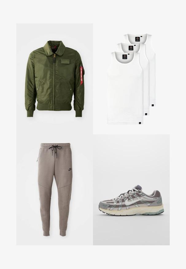 Alyvuogių žalumos bombonešio striukė su užtrauktuku, apvalia apykakle, megztomis rankogaliais, dviem šoninėmis kišenėmis ir raudona audinio etiketė ant rankovės.; Trys balti, dryžuoti marškiniai be rankovių, pagaminti iš medvilnės. Yra apvalus kaklas ir maži juodi etiketės netoli siūlės. Siūlomi įvairių dydžių.; Pilkos Nike kelnės su raišteliu liemenyje, siaurėjančiomis kojomis, šoninėmis kišenėmis ir išskirtiniais siūlų detalėmis. Minkšta, tekstūruota medžiaga.; Pilkas sportinis batas su tinklu ir zomšos viršutine dalimi, baltomis detalėmis, paminkštintu padu ir išskirtiniu dizainu su atspindinčiais elementais.