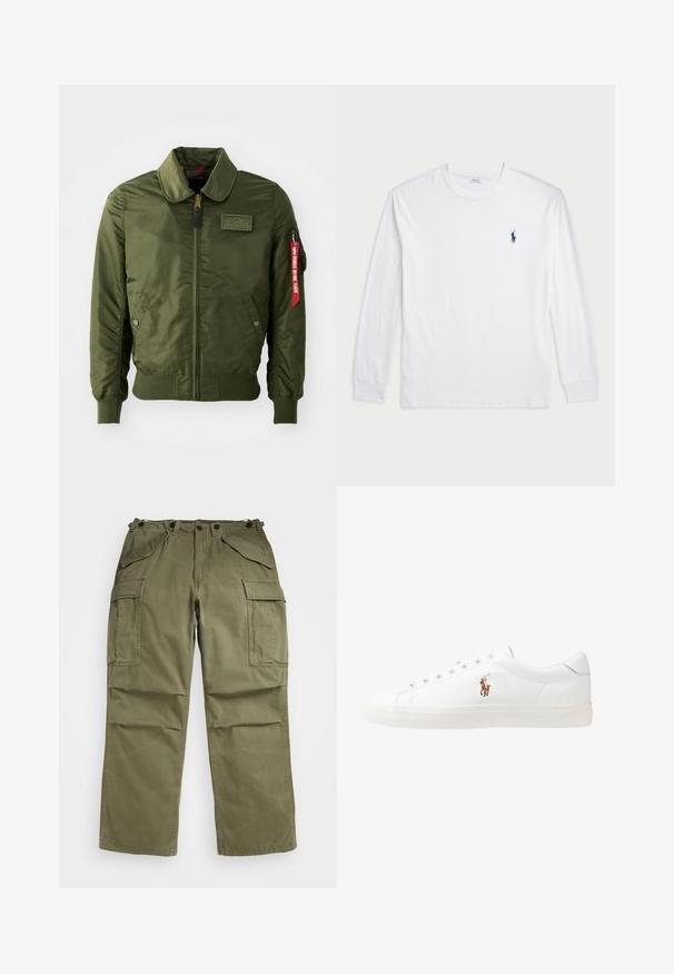 Alyvuogių žalumos bombonešio striukė su užtrauktuku, apvalia apykakle, megztomis rankogaliais, dviem šoninėmis kišenėmis ir raudona audinio etiketė ant rankovės.; Balta ilgomis rankovėmis marškinėliai iš medvilnės. Gali būti apvalios formos kaklas, raukšlės ant rankovių, ir nedidelis tamsiai mėlynas polo logotipas kairėje krūtinės pusėje.; Olivinės žalios spalvos cargo kelnės, pagamintos iš tekstūruoto audinio, turinčios daugybę priekinių ir šoninių kišenių bei sustiprintą siūlių siuvimą.; Baltos odinės sportbačiai, žemo profilio, su lygia tekstūra, apvalia nosimi, raištelių sistema priekyje ir mažyte siuvinėta logo šone.