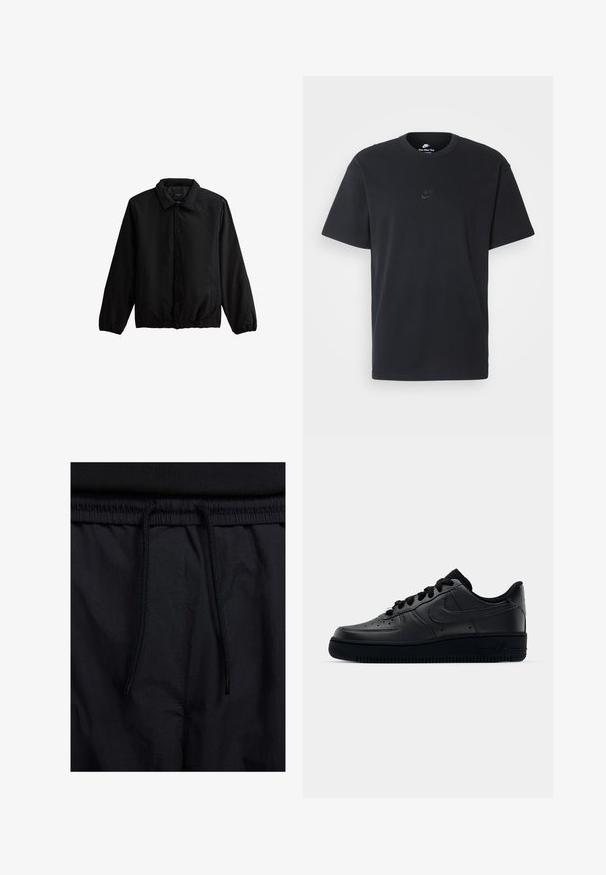 Svart lättviktig jacka med krage, knappstängning framtill, elastiska ärmslut och nederkant, med två sidfickor och en mjuk tygtextur.; Svart t-shirt i bomull från Nike med klassisk rund halsringning, korta ärmar och en diskret, präglad logotyp på bröstet. Slät textur.; Svarta shorts med dragsko i midjan, lättviktig tyg med en slät yta och en enkel design utan synliga logotyper eller mönster.; Svart Nike Air Force 1-sneaker med en slät läderöverdel, perforerad tå för andningsförmåga, svarta snören och en strukturerad gummisula.