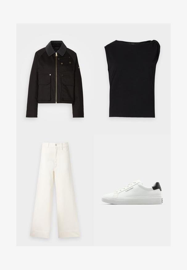 Jachetă neagră, scurtă, dintr-un material durabil, cu fermoar în față, guler în contrast și mai multe buzunare frontale cu accente din metal auriu.; Top negru cu maneci scurte, fabricat dintr-un material neted. Prezintă un decolteu rotund și un detaliu drapat pe umăr. Design simplu, ajustat.; Pantaloni cu croi larg din bumbac bej deschis. Prezintă talie înaltă, buzunare frontale și croi drept. Terminare netedă a tivului, fără modele.; Tenisii albi cu un finisaj neted, cu accent pe toc negru și design cu șireturi. Prezintă branding-ul "Calvin Klein" pe lateral. Stil minimalist.