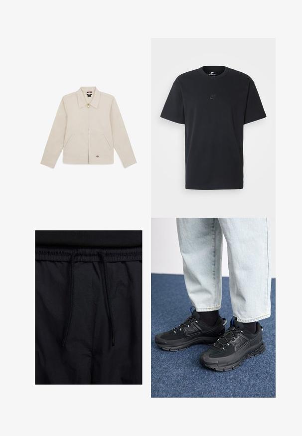 Beige jas van gladde stof, met een kraag, een rits aan de voorkant, twee zijzakken en een geborduurd logo op de rechteronderkant.; Zwarte katoenen t-shirt van Nike met een klassieke ronde hals, korte mouwen en een subtiele, reliëflogo op de borst. Gladde textuur.; Zwarte shorts met een drawstring tailleband, lichtgewicht stof met een zachte textuur en een eenvoudig ontwerp zonder zichtbare logo's of patronen.; Zwarte sportschoenen met gestructureerde stof en rubberen zolen, met elastische veters en een blauwe accent op de hiel. Draag samen met lichte spijkerbroeken.