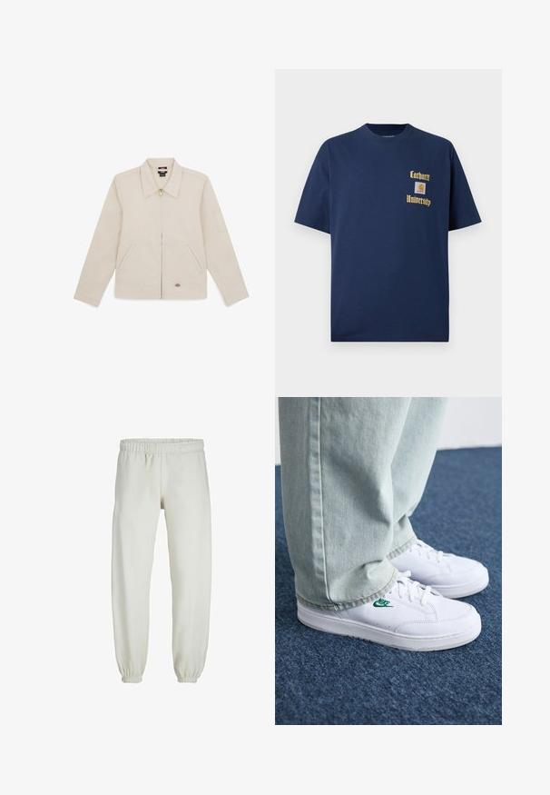 Beżowa kurtka z gładkiego materiału, z kołnierzem, przednim zamkiem, dwiema bocznymi kieszeniami oraz haftowanym logo w dolnym prawym rogu.; Granatowa bawełniana koszulka z krótkim rękawem, z złotym napisem "Carhartt University" oraz naszywką z logo na lewej piersi.; Białe dresy wykonane z miękkiego materiału, z elastycznym pasem i mankietami, o gładkiej fakturze i luźnym kroju.; Białe skórzane sneakersy z zielonym logo Nike, okrągły czubek, płaska podeszwa, zestawione z jasnoniebieskimi dżinsami, pokazane na niebieskim dywanie.