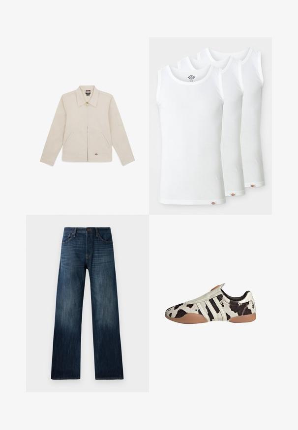 Giacca beige in tessuto liscio, con colletto, zip frontale, due tasche laterali e un logo ricamato in basso a destra.; Tre canotte bianche in cotone rigato. Ognuna ha un collo rotondo e un piccolo logo cucito sull'orlo. Design classico e semplice.; Jeans in denim blu scuro con design a gamba dritta, caratterizzati da una texture leggera, passanti per cintura e un classico stile a cinque tasche.; Scarpe in pelle nere e bianche con un motivo a stampa, caratterizzate da una finitura testurizzata, tre righe orizzontali bianche e una suola in gomma marrone.