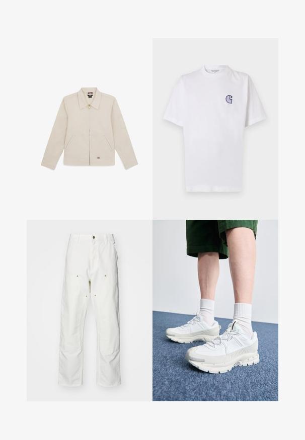 Beige bunda vyrobená z hladkého materiálu, s límečkem, předním zipem, dvěma bočními kapsami a vyšitým logem na dolním pravém rohu.; Bílé bavlněné tričko s krátkými rukávy, kulatým výstřihem a malým vyšitým modrým logem "C" na levé části hrudi.; Bílé bavlněné cargo kalhoty s volným střihem. Vlastnosti zahrnují přední kapsy, zlaté kovové detaily a zpevněné oblasti na kolenou.; Bílé sportovní boty s texturovanými překryvy, masivní podrážkou a šedými akcenty. Na nohou mají bílé ponožky a zelené šortky na modrém povrchu.