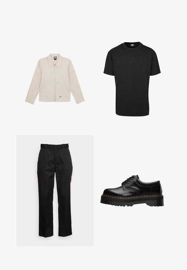 Beige Jacke aus glattem Stoff, mit Kragen, Frontreißverschluss, zwei seitlichen Taschen und einem gestickten Logo unten rechts.; Schwarzes Baumwoll-T-Shirt mit Rundhalsausschnitt, kurzen Ärmeln und geradem Saum. Glatte Textur; schlichtes, ungeschmücktes Design.; Schwarze Hose aus einem glatten Stoff, mit einem geraden Bein Design, Gürtelschlaufen und zwei Seiten Taschen. Klassischer Look ohne Verzierungen.; Schwarzer Leder-Schnürschuh mit einer dicken, gezahnten Gummisohle in Schwarz und gelben Nähten entlang der Kante, mit einer glatten Verarbeitung.