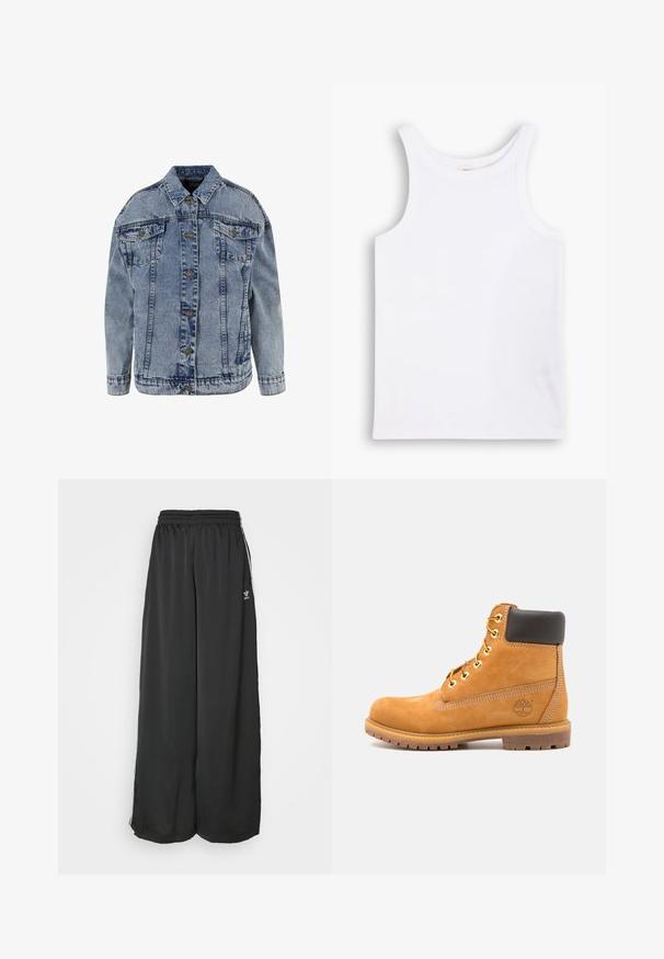 Lichtblauwe denimjack met een klassieke kraag, knoopsluiting, lange mouwen, twee borstzakken en een relaxte pasvorm.; Witte katoenen tanktop met brede schouderbanden, een ronde halslijn en een gladde, geribbelde textuur. Geen patronen of accenten aanwezig.; Zwarte, loszittende trainingsbroek van gladde stof. Voorzien van een elastische tailleband en zijstrepen met logo-accenten.; Bruine leren enkelboot met zwarte voering, gouden oogjes en een gestructureerde zool. Kenmerkt zich door een cirkelvormig logo aan de zijkant en stikselaccenten.