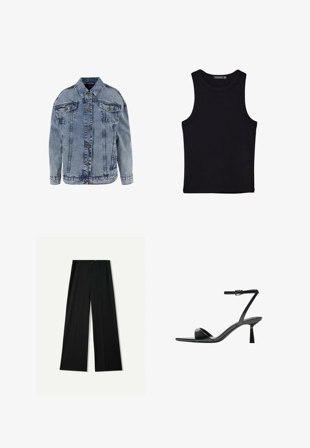 Ljusblå jeansjacka med klassisk krage, knappstängning, långa ärmar, två bröstfickor och en avslappnad passform.; Svart linne i bomull, med rund halsringning och breda armhål. Slät yta med sydda fållar. Klassisk, minimalistisk design.; Bershka WIDE - Tygbyxor - black; Bershka Sandaletter - black