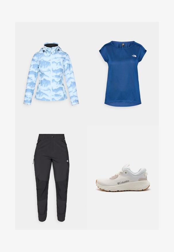 Light blue jacket with a cloudy pattern, featuring a zip closure, adjustable hood, and two side pockets. Smooth texture and fitted design.; The North Face TANKEN TANK - Sports T-shirt - estate blue/light heather; Black outdoor pants made of durable fabric. Feature zippered pockets, reinforced knee panels, and a straight cut design for mobility.; Lightweight Columbia athletic shoe in white mesh with a textured gray sole and rubber traction. Features a padded collar and lace-up design.