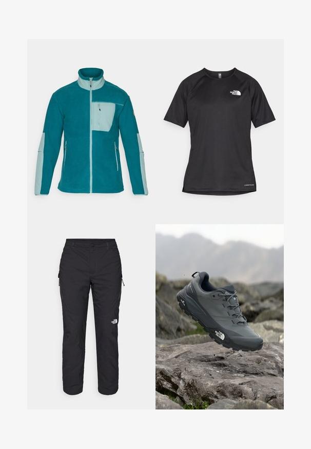 Tehnikas jope teal ja helesinise värviga, millel on kõrge krae, täispikk lukk, kolm lukuga taskut ja tekstureeritud kangas sooja hoidmiseks.; Must mustreening, lühikeste varrukatega sportpoliis, millel on tekstuuriga kangas, valge logo vasakul rinnal ja sirge äär.; The North Face WINTER EXPLORATION TAPERED CARGO - Õuepüksid - black; Hallhalli jooksukingad halli värvi, tekstureeritud ülemise osaga, vastupidava kummist tallaga ja tugevdatud varvaste kattega. Omab paelu ja kaubamärgi logo küljel.