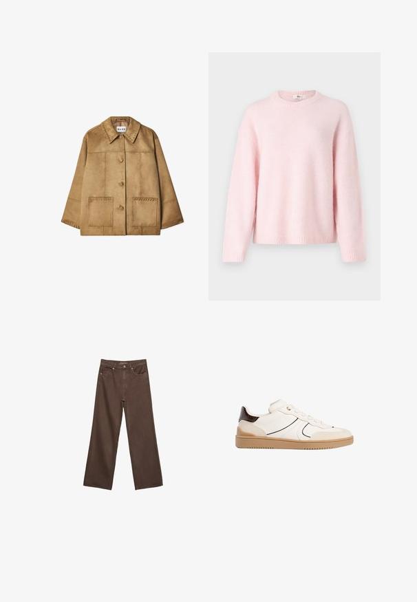 Braune Wildlederjacke mit einem Kragen, frontaler Knopfschließe, zwei großen Taschen und dekorativem Stich entlang der Schultern und Taschen.; Gina Tricot CREW NECK - Strickpullover - primrose pink; Weißes T-Shirt mit kurzen Ärmeln aus Baumwolle. Hat einen Rundhalsausschnitt und eine lockere Passform. Glatte Textur ohne sichtbare Muster oder Akzente.; Weite braune Jeans aus Denim, mit hoher Taille, Fronttaschen und klassischem Knopfverschluss. Glatte Textur mit feinen Nähten.; Stradivarius Sneaker low - white