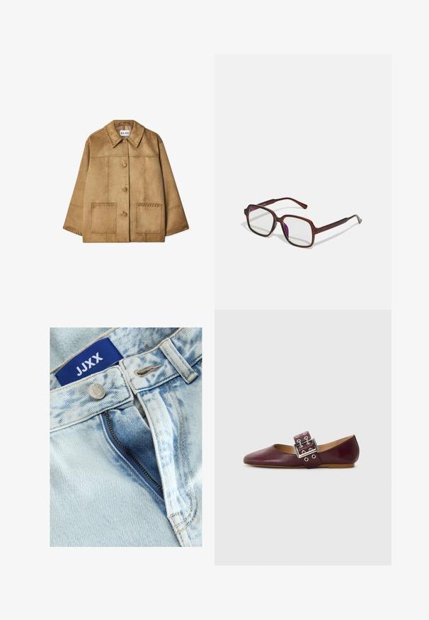 Hnedá semišová bunda s golierom, predným zapínaním na gombíky, dvoma veľkými vreckami a dekoratívnym prešívaním pozdĺž ramien a vreciek.; Biele tričko s krátkym rukávom vyrobené z mäkkej tkaniny, s okrúhlym výstrihom a prehnutými rukávmi, s viditeľnou etiketou na zadnej strane.; Svetlomodré džínsy majú viditeľné švy, kovový gombík a zips s modrou vnútornou podšívkou. Značková etiketa je výrazná.; Bordové kožené baleríny s špicatou špičkou, širokým pásikom so striebornou prackou a viacerými otvormi, plochou podrážkou, hladkým povrchom.; Hnedé, obdĺžnikové dioptrické okuliare s priehľadnými šošovkami a fialovými odtieňmi. Hladký plastový rám so zásadnými nožičkami a jemnými akcentmi.; DRAGON DIFFUSION ROSANNA - Kabelka - dark brown