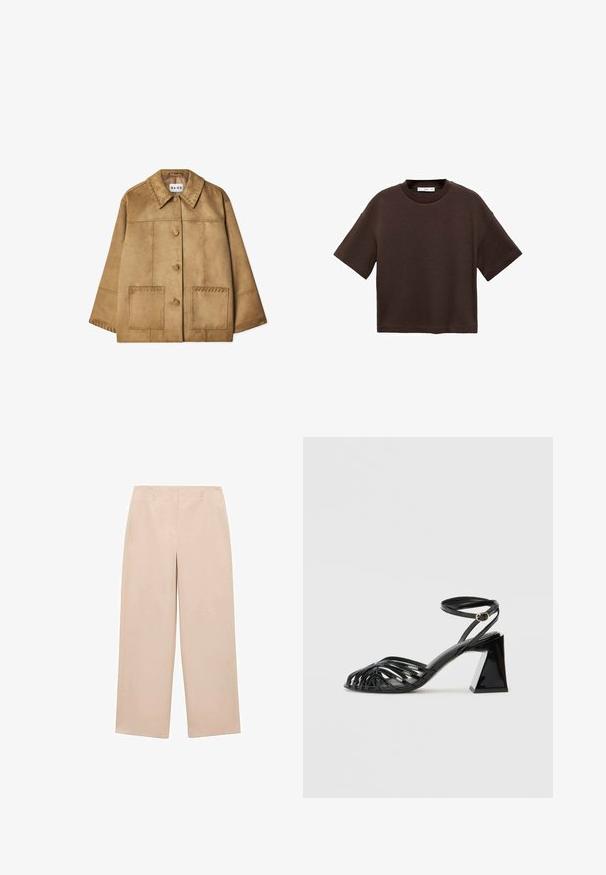 Rjava semiš jakna z ogrinjalo, sprednjim gumbom, dvema velikima žepoma in dekorativnim šivom ob ramenih ter žepih.; Braun majica s kratkimi rokavi, izdelana iz mehkega bombaža. Ima okroglo ovratnico in širok kroj, z gladko teksturo in brez vidnih vzorcev.; Bež široke hlače izdelane iz gladkega materiala, s ravnim sprednjim delom in zankami za pas, brez vidnih vzorcev ali okrasnih elementov.; Črne sandale na peto s trakastim dizajnom, sijočim lakiranim zaključkom, odprtim prstom in geometrijsko blok peto. Poudarjene s sponko.