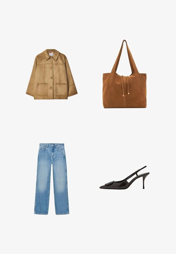 Rjava semiš jakna z ogrinjalo, sprednjim gumbom, dvema velikima žepoma in dekorativnim šivom ob ramenih ter žepih.; Rjava brezrokavna majica s kvadratnim izrezom, narejena iz mehkega, elastičnega materiala. Ima oprijet kroj in ravne šive.; Svijetloplave traperice ravnog kroja, s dizajnom od pet džepova i suptilnim blijeđenjem. Imaju kopčanje na gumbe i patentni zatvarač u struku.; Črne lakirane slingback čevlje s koničastim prstom, minimalističnim dizajnom, majhnim okroglim detajlom na vampu in ozkim petam.; Rjava semiš torba z dvema dolgima ročajema, z vrvico za zapiranje in minimalističnim dizajnom. Gladka tekstura in brez vidnih kovinskih dodatkov.