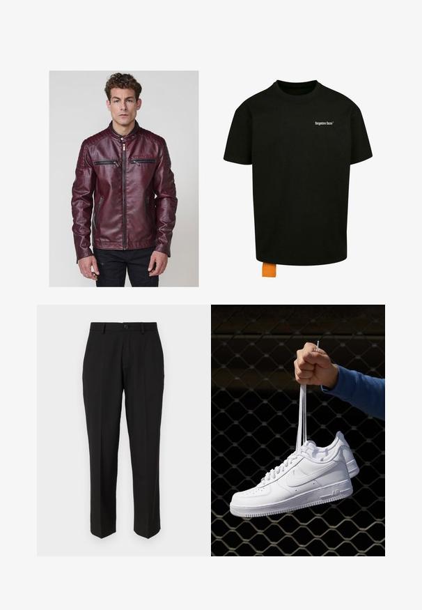 Burgundia faux nahkjope, millel on püsti krae, tikitud õlavarre aktsendid ja mitmed lukuga taskud ees.; Must must T-särk, millel on lõtv lõige, ümmargune kaelus ja lühikesed varrukad. Rinnal on valge teksti logo ja hemil oranž silt.; Mustad püksid siledast kangast, sirge jala disainiga, ees olevate taskutega, ühe nööbi kinnitusega ja ilma nähtavate mustriteta.; Valged nahast tennisetossud, millel on perforatsioonid, ümar nina, lame tallus ja paksud nöörid, nähtava swooshi logoga ja "AIR" kontsadel.