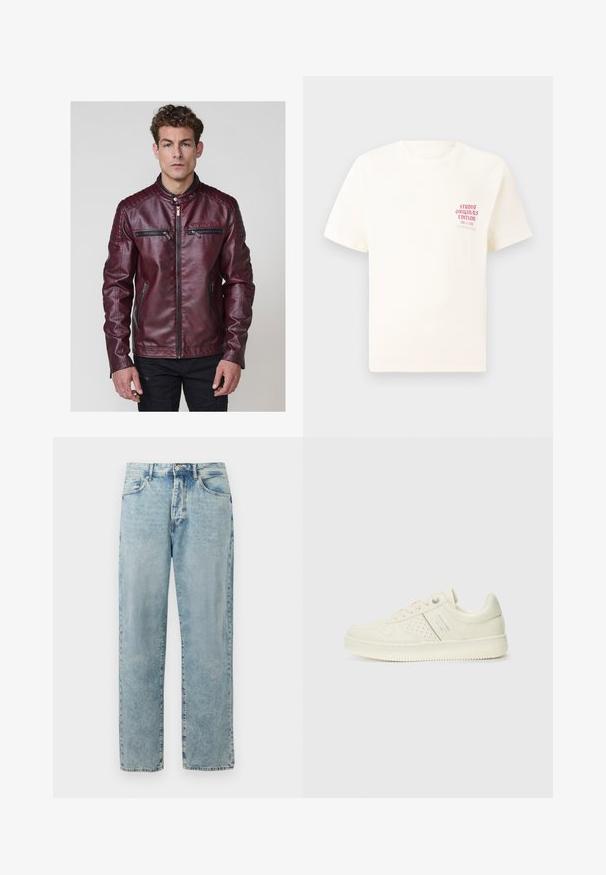 Burgundia faux nahkjope, millel on püsti krae, tikitud õlavarre aktsendid ja mitmed lukuga taskud ees.; Valge lühikeste varrukatega T-särk, millel on vasakul rinnal punane tekst "Studio Originals Edition", esitatud neutraalsel hallil taustal.; Hele sinine sirge jala denimpüksid, millel on nööp ja luku sulgemine, ees olevad taskud ning õrn kulunud detailitus.; Koor valged tossud perforatsiooni detailide, nööpide ja külje logo ka, esitatud ühtlase valge tausta ees.