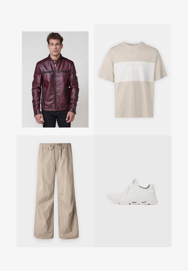 Burgundia faux nahkjope, millel on püsti krae, tikitud õlavarre aktsendid ja mitmed lukuga taskud ees.; Beež puuvillane t-särk, millel on valge horisontaalne paneel, kus on embosseeritud kiri "JACK & JONES ESSENTIALS WORLDWIDE". Lühikesed varrukad.; Beežid laiad püksid elastse vöökoha ja tõmbluku abil. Sile tekstuur, kaks küljetaskut ja minimaalsed õmblused, et tagada mugav istuvus.; Valged sportijalatsid, millel on tekstuuriga kudum peal, lame paelad ja pehmendatud tallad nähtavate õhukambritega täiendava toe jaoks.