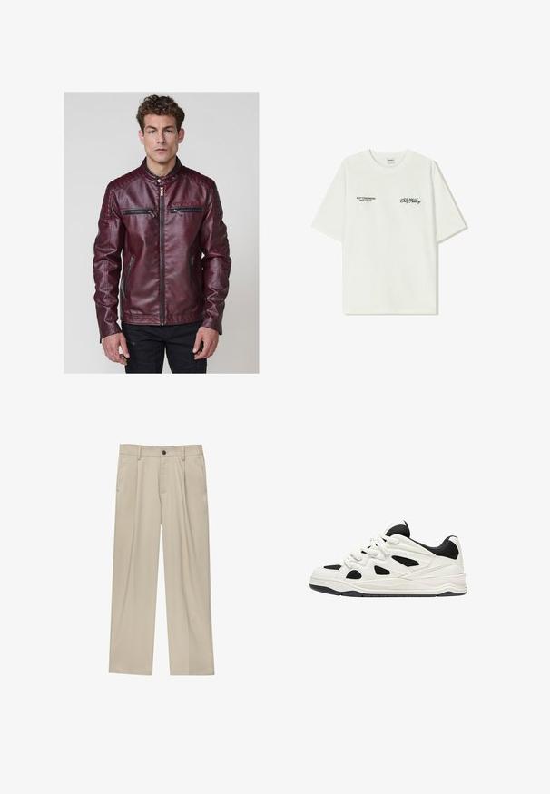 Giacca in ecopelle bordeaux con colletto rialzato, accenti trapuntati sulle spalle e numerose tasche con zip sul davanti.; T-shirt bianco in cotone con maniche corte. La parte anteriore presenta testo nero: "NON DOMANI NON OGGI" e "L'ARTE DEL MUOVERE LA POLVERE" in corsivo verde.; Pantaloni beige a taglio dritto, con un solo bottone nero, passanti per la cintura e tasche laterali. Tessuto dalla texture liscia e design minimale.; Scarpe da ginnastica bianche e nere con suola testurizzata, caratterizzate da intagli sui lati e lacci, e una schiena imbottita per il supporto.