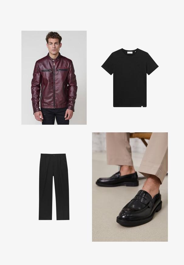 Jachetă din piele ecologică burgundă, cu guler în stil stând, accente quilted pe umeri și multiple buzunare cu fermoar în față.; Tricou scurt cu mânecă, de culoare neagră, realizat din bumbac, cu guler tip crew și un mic logo brodat pe piept. Textură netedă, croială standard.; Pantaloni negri cu un design drept, fabricați dintr-un material neted. Au plisse în față și un sistem de închidere cu un singur buton la talie.; Loafers negre din piele cu o finisare netedă, având o curea decorativă și cusături contrastante, asortați cu pantaloni bej.