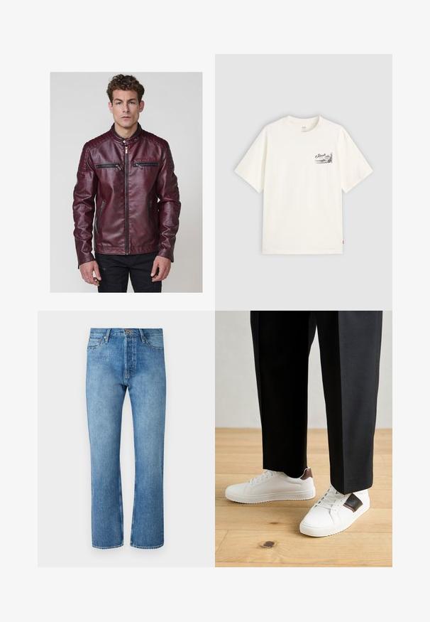 Burgundia faux nahkjope, millel on püsti krae, tikitud õlavarre aktsendid ja mitmed lukuga taskud ees.; Valge lühikeste varrukatega T-särk, mis on valmistatud puuvillast, ja mille vasakus rinnapiirkonnas on must graafiline disain sõnapaariga "Fresh."; Heledad sinised teksad sirge lõikega, klassikalise viie tasku disainiga, nööpnõelaga kinnitamine ja kontrastsete õmblustega.; Valged sneakersid siledat tekstuurist, millel on pruunad nahast detailid ja mustad aksessuaarid, millele on sobitatud mustad kohandatud püksid. Puitpõranda taust.