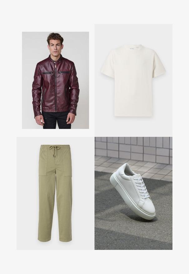 Bordo umjetna kožna jakna s ovratnikom na stajanje, kviltanim akcentima na ramenima i višestrukim džepovima sa zip zatvaračem sprijeda.; Bijela kratka majica s kratkim rukavima u rebrastoj teksturi. Okrugli izrez, ležeran kroj, bez vidljivih uzoraka ili akcenta. Jednostavan i svestran dizajn.; Svijetlo maslinasto zelene hlače od mješavine pamuka, sa elastičnom strukom i vezicom, te dva velika bočna džepa.; Bijela kožna tenisica s glatkom površinom, okruglim vrhom i ravnim bijelim vezicama. Ima teksturiran gumeni potplat i minimalne dizajnerske elemente.