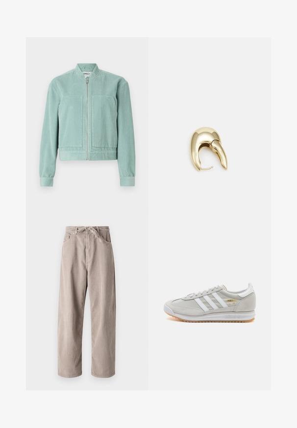 Šviesiai žalias kordūro efektas striukė su užtrauktuku priekyje, apvaliu apykakle ir dviem priekinėmis kišenėmis. Yra gumbruoti rankogaliai ir hem’as, suteikiantis prigludusį stilių.; Alyvuogių žalias turtlenekas su kabelių raštu, turintis deimantų formas ir raukšlėtą apykaklę bei rankogalius.; Šviesiai rudi kordūriniai kelniai, laisvo kirpimo, su raišteliu reguliuojamu juosmeniu, dviem priekinių kišenėlių ir vertikalia juostele.; Šviesiai pilki sportbačiai, pagaminti iš zomšos ir tinklinės medžiagos, su trimis baltais dryžiais, apvaliu pirštu ir guma padu. Auksinė logotipo detalė šalia raištelių.; Aukso tono metalinės auskarai su stilingu, kreiviu dizainu. Išsiskiria ryškiu smailiu pavidalu, poliruota paviršiumi ir užsegimu su vyriu.