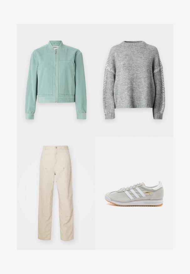 Hellblaue Cordjacke mit Reißverschluss, rundem Kragen und zwei vorderen Taschen. Mit gerippten Bündchen und Saum für eine taillierte Passform.; JDY JDYZOEY LIFE ON STITCH NOOS - Strickpullover - light grey melange; Beige Leinenhosen mit einer lässigen Passform, seitlichen Taschen und dekorativen Nähdetails, nahtlosem Bund und geraden Beinen.; Hellgraue Sneaker aus Wildleder und Mesh, mit drei weißen Streifen, runder Zehenpartie und einer Sohle aus Gummi. Goldenes Logo-Detail nahe der Schnürsenkel.