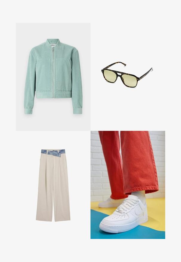 Hellblaue Cordjacke mit Reißverschluss, rundem Kragen und zwei vorderen Taschen. Mit gerippten Bündchen und Saum für eine taillierte Passform.; Gestrickter Pullover mit Wellenmustern in Blau und Weiß, ausgestattet mit einem cremefarbenen Rundhalsausschnitt sowie gerippten Bündchen und Saum. Strukturiertes Design durchgehend.; Hellbeige weite Hose mit einem Denim-Bund, der zwei Knöpfe und gefältelte Frontdetails aufweist. Sanfte Textur und lockere Passform.; Weiße Leder-Sneaker mit perforiertem Zehenbereich, strukturiertem Sohlen und weißen Schnürsenkeln, kombiniert mit weiten roten Hosen und einem blauen und gelben Hintergrund.; Schildkrötensonnenbrille mit rechteckiger Form, grün getönten Gläsern und gemusterten Acetatrahmen. Verfügt über metalliche Akzente in der Nähe der Gläser.