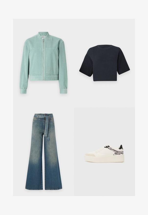 Hellblaue Cordjacke mit Reißverschluss, rundem Kragen und zwei vorderen Taschen. Mit gerippten Bündchen und Saum für eine taillierte Passform.; Dunkelblaue cropped Strickjacke mit gerippter Textur, kurzen weiten Ärmeln und rundem Halsausschnitt. Schlichtes Design, keine sichtbaren Muster oder Akzente.; Weit geschnittene Denim-Hosen mit einem Farbverlauf von hellblau zu dunkelblau, hoher Taille, Gürtelschlaufen und einem passenden Stoffgürtel. Strukturierte Denim-Oberfläche.; Even&Odd Sneaker low - white/black