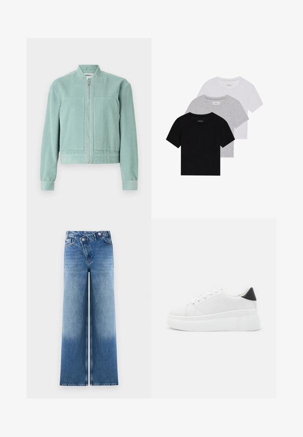 Jachetă din corduroy de culoare teal deschis, cu fermoar frontal, guler rotund și două buzunare frontale. Dispune de mansete și tiv ribbate pentru un aspect ajustat.; Set de trei tricouri cu mâneci scurte, în negru, gri și alb. Fabricate din bumbac, cu guler rotund și un design simplu, de culoare uniformă.; Jeans de blugii wide-light blue cu o spălare estompată, având un design clasic cu cinci buzunare și accente din metal la talie.; Adidași albi cu platformă, fabricați din material sintetic neted, cu vârf rotund, design cu șireturi și talpă din cauciuc texturat. Accente negre la călcâi.