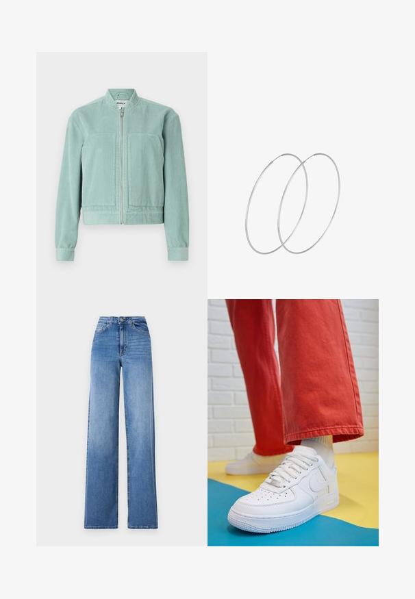 Light teal corduroy jacket with a zip front, round collar, and two front pockets. Features ribbed cuffs and hem for a fitted look.; Gina Tricot SOFT TOUCH CROPPED TOP - Long sleeved top - pristine; Light blue wide-leg jeans made of denim, featuring a high waist, front pockets, and a standard button closure. Smooth texture.; White leather sneaker with perforated toe box, textured sole, and white laces, paired with wide red pants and a blue and yellow background.; Silver hoop earrings with a minimalist design. Circular shape, smooth texture, and thin profile. Lightweight with a polished finish.