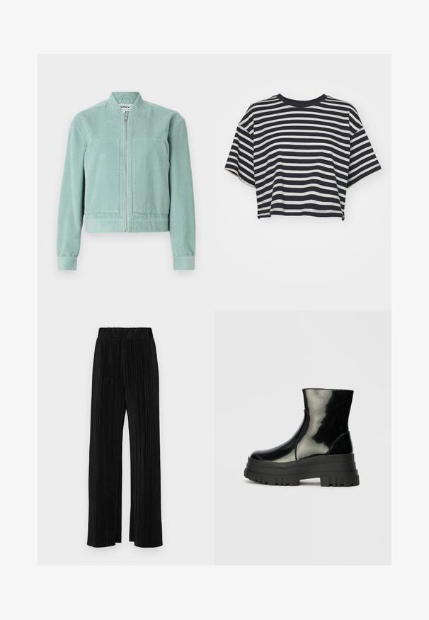 Heledat teal värvi korduroy jope, millel on kaheksakandiline lukuga esiosa, ümmargune krae ja kaks esikotid. Omab soonikkoes varrukaotsi ja helmeid, et saavutada moe sobiv välimus.; Rööbastega lühikeste varrukatega navy ja valge lühike t-särk. Ümar kaelus, pehme kangas horisontaalsete triipudega ja lõdva lõikega.; Mustad pleekitud püksid elastse vöökohtaga. Omavad laiad jalad ja sujuvat, tekstureeritud kangast vertikaalsete triipudega.; Must mustakate läikiv ankle boot paksu lõkkeka üle ja ümarate varvastega, külgvaates halli ühtlase taustal.