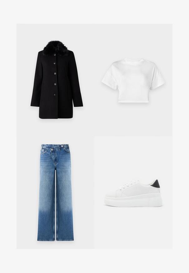 Vero Moda VMAUTUMN COZY JACKET - Klasičan kaput - black; Bijela skraćena majica od pamuka. Kratki rukavi, okrugli izrez, glatka tekstura, ležeran dizajn bez uzoraka ili ukrasa.; Svijetloplave široke traperice s izblijedjelim pranjem, s klasičnim dizajnom pet džepova i metalnim gumbima kao akcentima na struku.; Bijele platforme tenisice napravljene od glatkog sintetičkog materijala, s okruglim vrhom, dizajnom s vezanjem i teksturiranom gumenom potplatom. Crni detalj na peti.