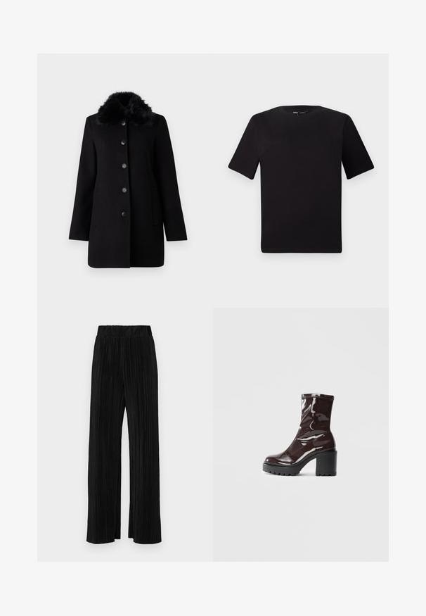 Vero Moda VMAUTUMN COZY JACKET - Klasikinis paltas - black; Juodas trumpas rankovės marškinėlis su apvaliu iškirpimu, pagamintas iš minkštos medvilnės medžiagos. Paprastas dizainas, be matomų logotipų ar raštų.; Juodi plisuoti kelnės su elastine juosta. Turėkite plačias kojas ir glotnų, tekstūrinį audinį su vertikaliais dryžiais.; Blizgus burgundių spalvos kulknapis su tankiu juodu kulnu, pasižymintis lygiu paviršiumi ir paprastu dizainu. Nėra matomų užsegimų ar raštų.