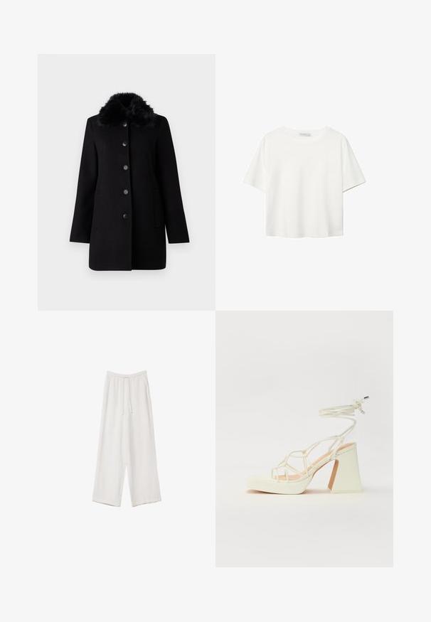 Vero Moda VMAUTUMN COZY JACKET - Klasický kabát - black; Biela krátkopsová tričko vyrobené z bavlny. Má okrúhly výstrih a voľný strih. Hladká textúra bez viditeľných vzorov alebo akcentov.; Biele široké nohavice vyrobené z ľahkej tkaniny. Obsahujú elastický pás so sťahovacou šnúrkou a bočné vrecká. Hladká textúra.; Biele sandále na vysokom opätku s hrubým podpätkom, s pruhovaným dizajnom a viazaním na členku. Hladký povrch s platformou vpredu pre zvýšenú výšku.