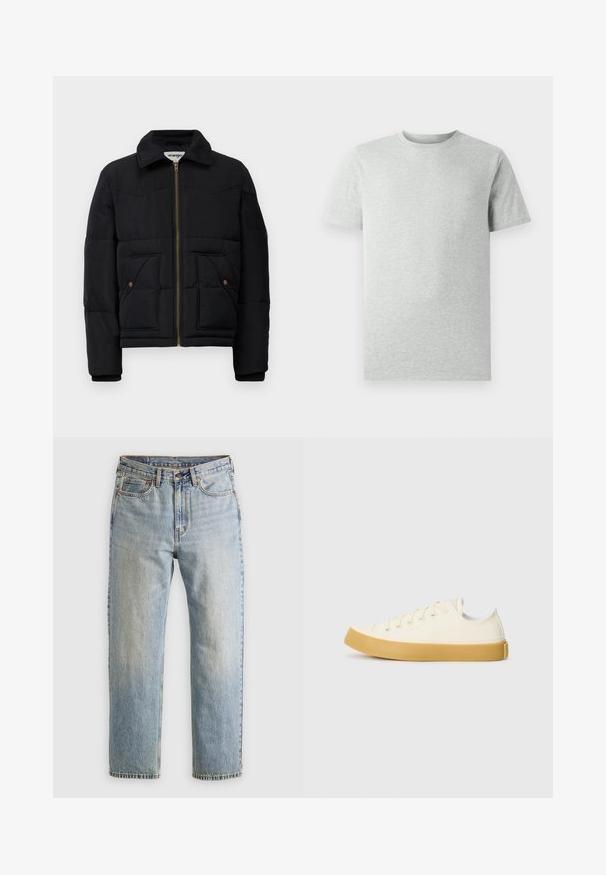 Melna pūkodera jaka ar apkakles kaklu, zelta rāvējslēdzēju, divām priekšējām kabatām un izšūtām paneļu detaļām. Mīksta, izolēta auduma.; Gai pelēks īsām piedurknēm T-kreklis ar apaļu kakla izgriezumu, attēlots uz baltas fona, priekšskats bez redzamām logo vai dizainiem.; Gai zila denima bikses ar augstu jostasvietu, priekšējo pogu, rāvējslēdzēju un piecu kabatu dizainu, izlīdzinātas uz neitrāla fona.; Kanvasas tenisa apavi ofē un balta krāsā ar apaļu purngali, ar beicu gumijas zole un piecām acīm šņorēšanai, teksturēta virsma augšdaļā.