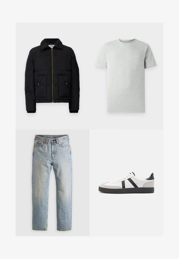 Juodas pūkinis švarkas su apykaklės iškirpte, auksine užtrauktuku, dviem priekinėmis kišenėmis ir siuvinėtais panelių akcentais. Minkšta, izoliuota medžiaga.; Šviesiai pilka trumpomis rankovėmis marškinėliai su apvaliu kaklu, pristatyti baltoje fone, matomi iš priekio, be jokių matomų logotipų ar dizaino.; Šviesiai mėlynos džinsinės kelnės su aukštu liemeniu, priekyje mygtukas, užtrauktukas ir penkių kišenių dizainas, išklotos ant neutralios fono.; Balti sportbačiai su juodais ir pilkais akcentais, pasižymintys tekstūruotu pilku pirštų dangteliu, juoda gumine padais ir plokščiomis baltomis raišteliais. Švarus dizainas, minimalistinis stilius.
