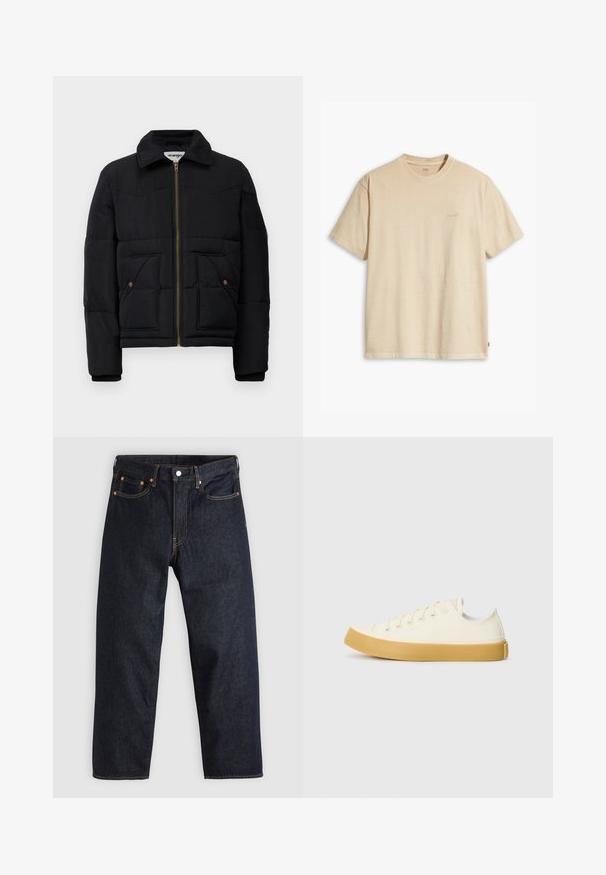 Svart boblejakke med krage, gullglidelås, to frontlommer og sømte paneledetaljer. Myk, isolert stoff.; Beige bomull T-skjorte med rund hals og korte ermer. Har en subtil "Levi's" logo i samme farge på brystet. Myk tekstur.; Mørkeblå denimjeans med rett snitt, fem lommer, kontrasterende oransjefarget søm, og glidelås med knapp. Ingen synlige mønster eller dekorasjoner.; Canvas sneakers i off-white med rund tå, med beige gummisåler og fem hull for lisser, strukturert finish på overdelen.