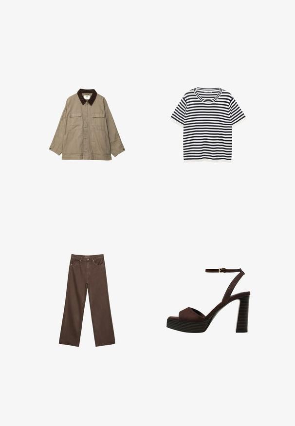 Khaki jakke med en brun fløjlskrave, to forlommer og en afslappet pasform. Stoffet er glat med en mat overflade.; Ribet T-shirt lavet af bomuld med marineblå og hvide vandrette striber, har en rund halsudskæring og korte ærmer. Glat tekstur.; Bredde ben brun denim jeans med høj talje, forlommer og klassisk knaplukning. Glat tekstur med diskret syninger.; Brune ruskinds højhælede sandal med åben tå, justerbar ankelrem og en stribet plade sål.