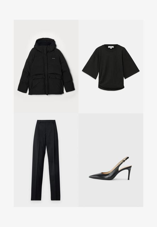 Juodas pūkinis švarkas su kapišonu, turintis priekinį užtrauktuką, dvi dideles kišenes su atlapais ir "Halteweiler" logotipą kairėje pusėje. Minkštas audinys.; Juodas trumpomis rankovėmis marškinėliai, pagaminti iš švelnaus medvilnės, su apskritu kaklu ir laisvu siluetu, su subtiliu surinkimu šone.; Juodos kelnės iš lygaus audinio, pasižyminčios aukštu liemeniu, plačiomis kojomis, priekinėmis klostėmis ir klasikiais diržo kilpomis. Šoninių kišenių nematyti.; Juodos odinės slingback aukštakulnės bateliai su smailiu nosiu, reguliuojama juosta ir elegantišku stiletto kulnu, pasižymintys lygia apdaila.